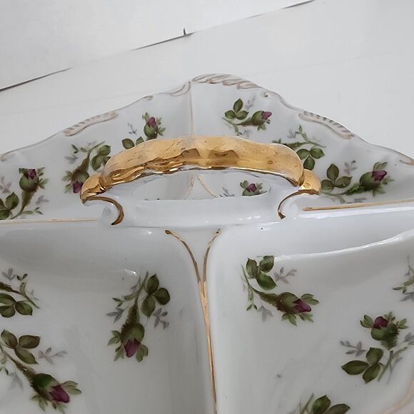 Norcrest Vintage Nut Candy Dish Rose Buds Gold Accents Handle 4 Sections - Picture 8 of 12